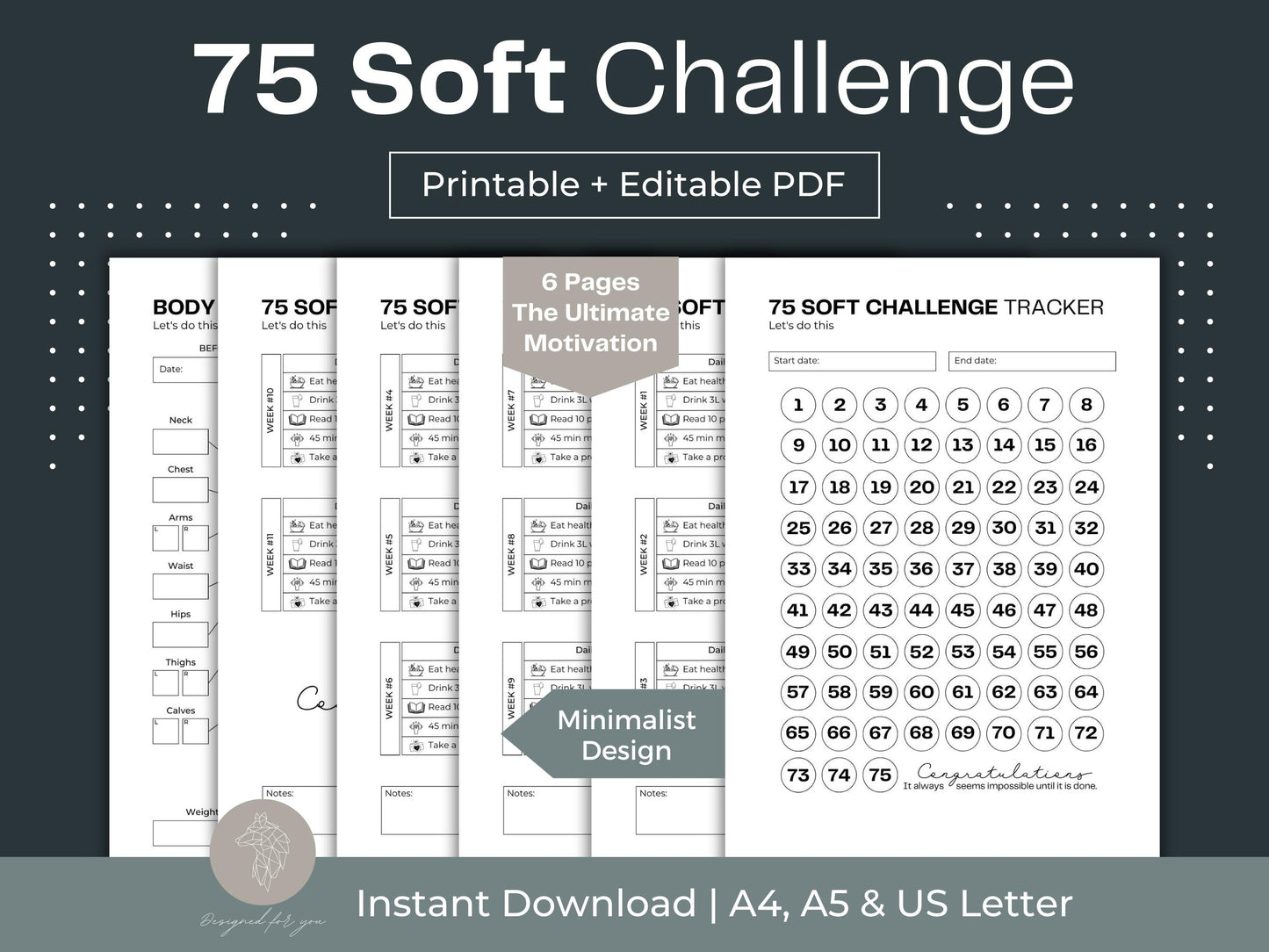 75 Soft Challenge Tracker | Fitness Habit Tracker | Weight Loss
