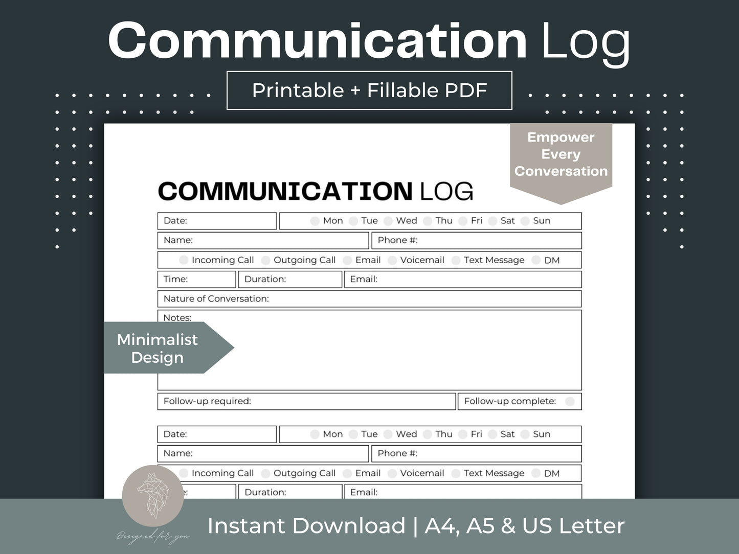 Communication Log | Printable Call Tracker | Small Business Notes