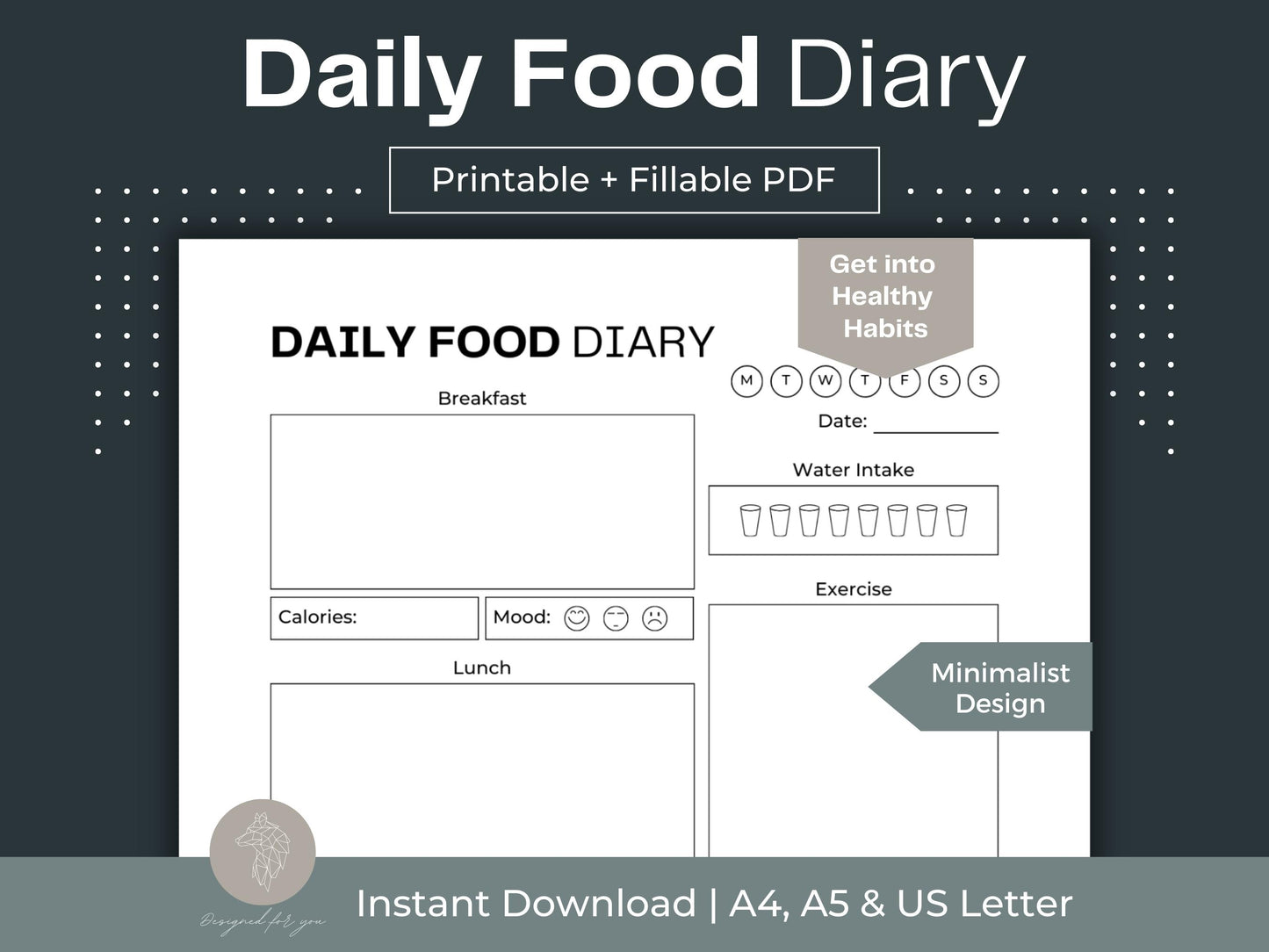 Daily Food Diary | Daily Food Journal | Calorie Intake Tracker