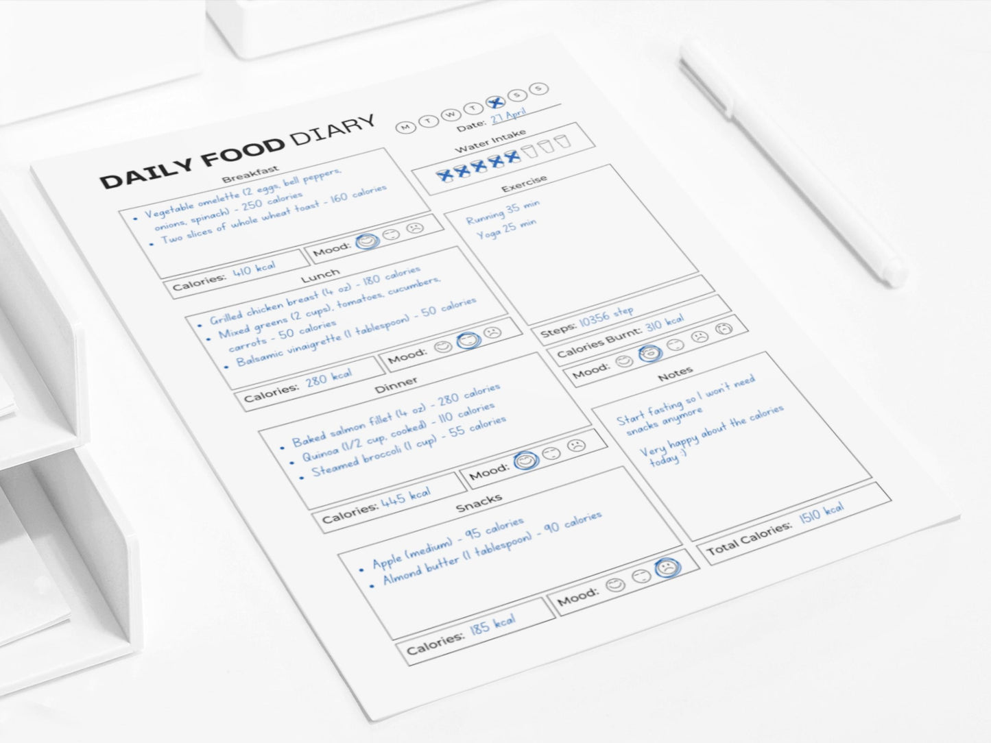Daily Food Diary | Daily Food Journal | Calorie Intake Tracker