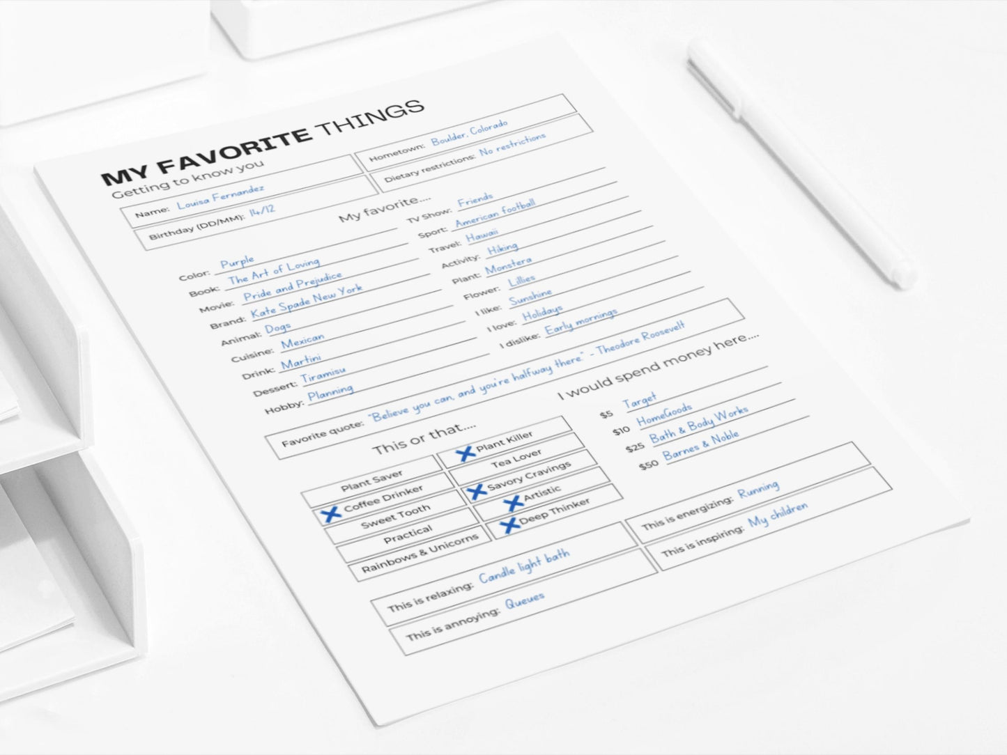 Favorite Things List | Get to know you | Questions All About Me