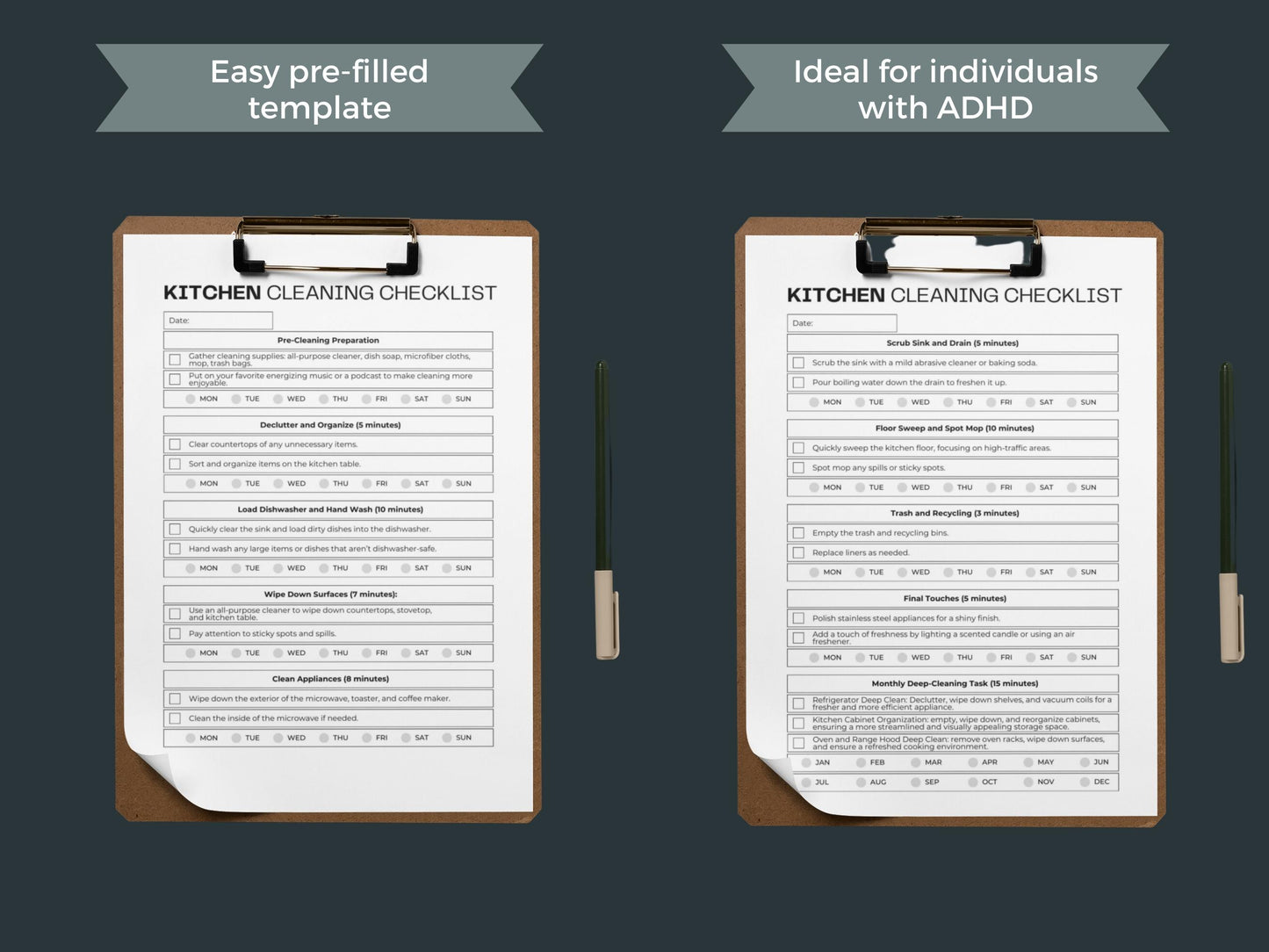 Kitchen Cleaning Checklist | Printable ADHD Cleaning Planner