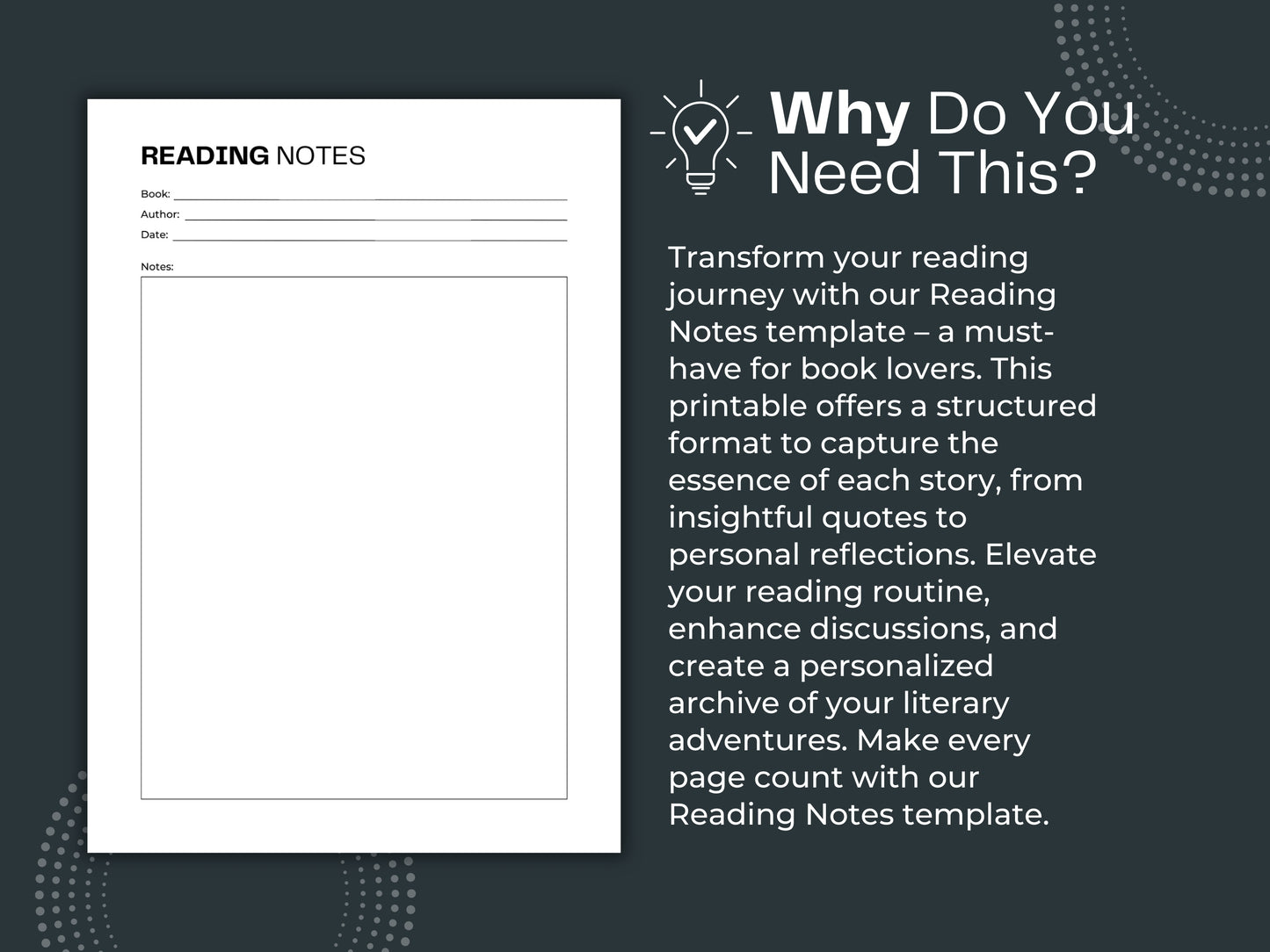 Reading Notes | Reading Planner Insert | Book Reading Planner