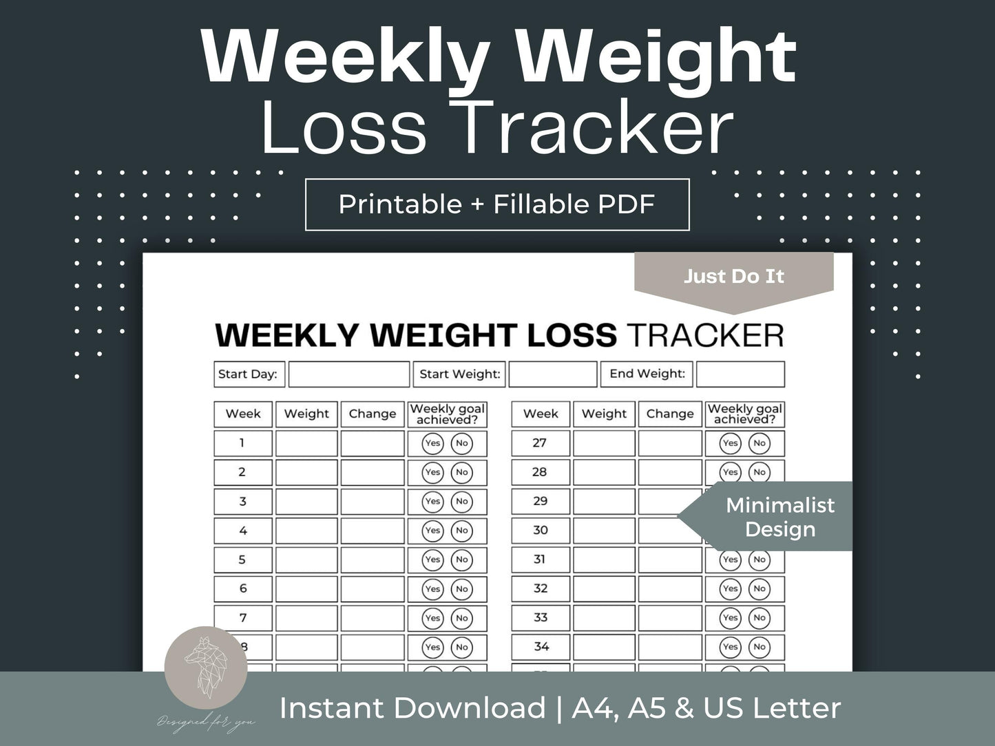 Weekly Weight Loss Tracker | Weight Loss Journal | Fitness Planner