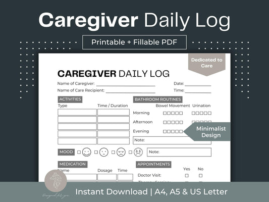 Caregiver Daily Log | Caregiver Checklist | Daily Caregiver Notes