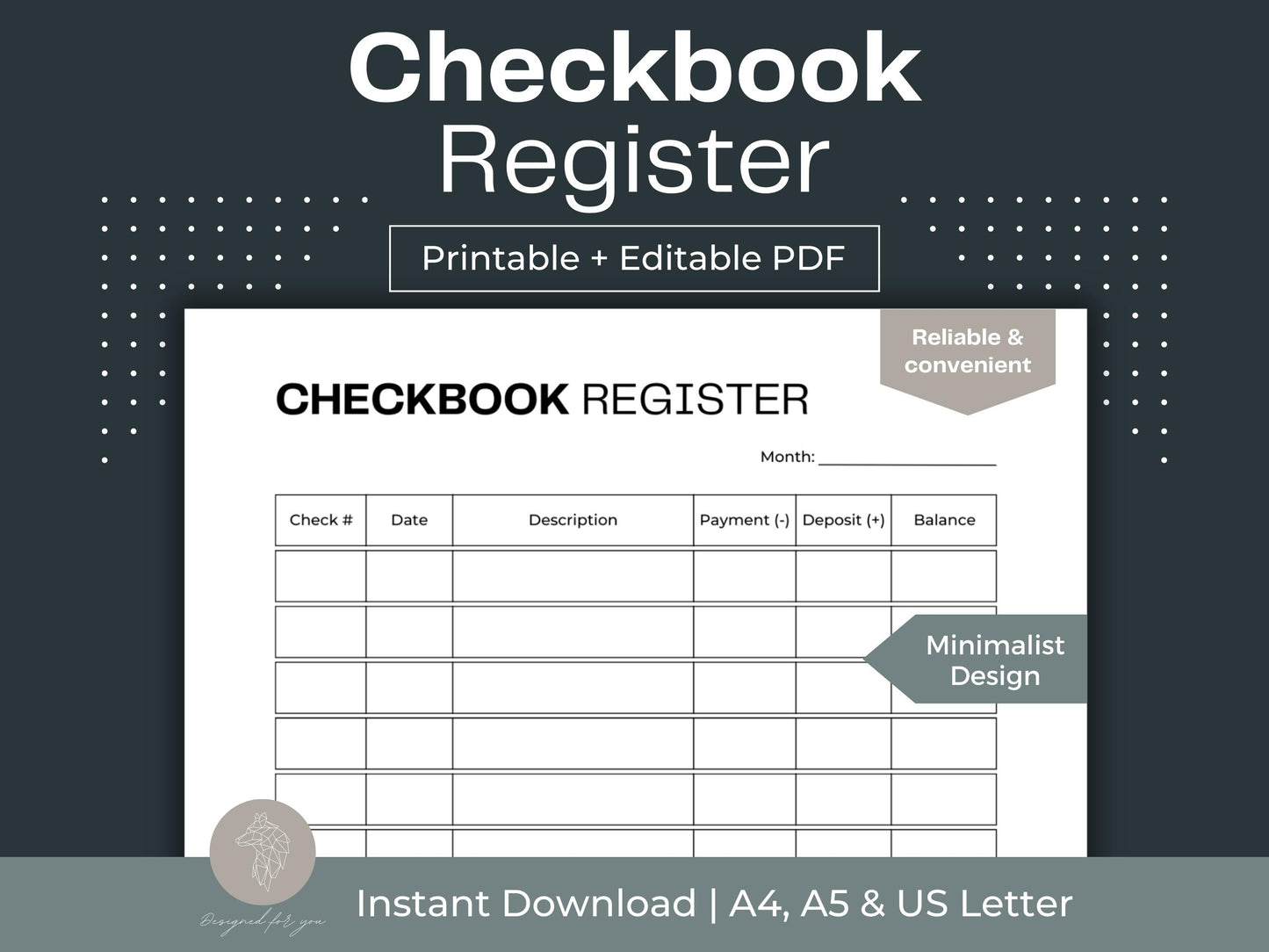 Checkbook Register Printable | Transaction Log | Expense Tracker