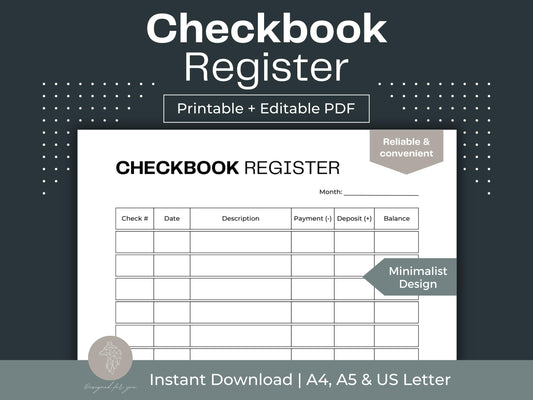 Checkbook Register Printable | Transaction Log | Expense Tracker
