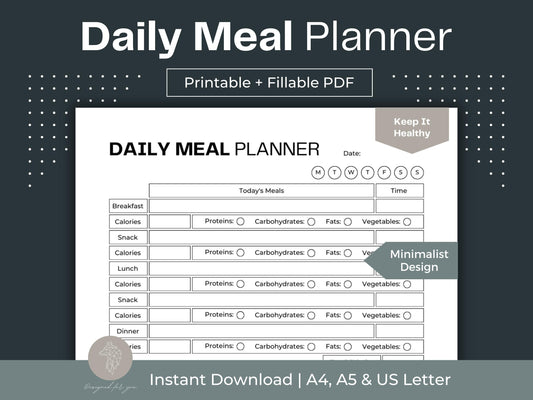 Daily Meal Planner | Weight Loss Printable | Daily Meal Plan Template