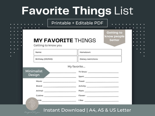 Favorite Things List | Get to know you | Questions All About Me