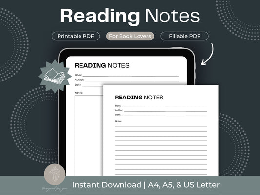 Reading Notes | Reading Planner Insert | Book Reading Planner